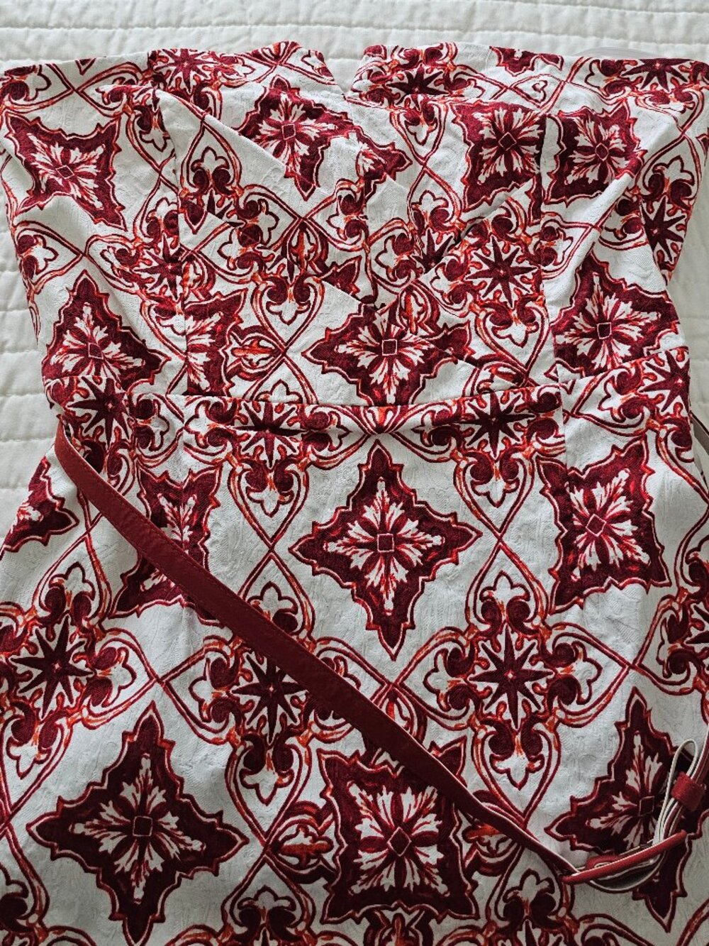 New York & Company Red White Print Strapless Belted Dress